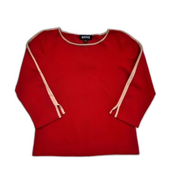 Kasper Stretchy Crop Sweater Knitted Top Red with Tan Accent 3/4 Sleeve Size M - Picture 1 of 13